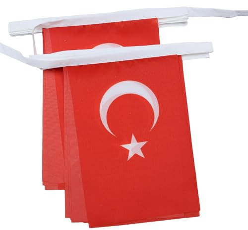 AZ FLAG - Fahnenkette Türkei 6 Meter Mit 20 Flaggen - 21x14 cm - Türkische Girlande Flaggenkette 14 x 21 cm | Für innen und außen Türkische Flaggenkette Türkiye Flaggen auf verstärktem Band vernäht