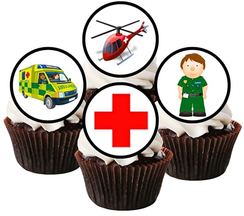 Ambulance Paramedic Edible Cupcake Toppers – Emergency Services Cake Decorations – 24 x 4cm/1.5 Inch Discs (PRECUT)