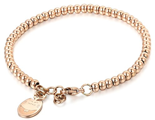 JewelryWe Schmuck Charme Damen Kugel Perlen Armband,Handgelenk Kugel Perlenkette mit Lucky Cat Katze Anhänger, Edelstahl Armreif, Silber Rosegold