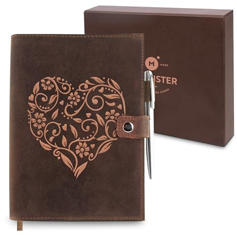 moonster Auffüllbares Liniertes Notizbuch Leder - Heft mit Stift - Tagebuch für Erwachsene mit Herz – Handgemachtes Notizbuch Klein aus Echtleder mit Stifthalter, hochwertigem A5-Papier & Luxus-Stift