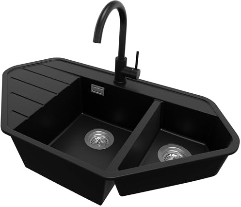 PRIMAGRAN Fregadero Granito de Esquina Negro 90x50cm, Cocina 1,5 Senos + Grifo 32x20cm + Sifón, Sobre encimera al mueble 70cm - Copenhague Corner S009