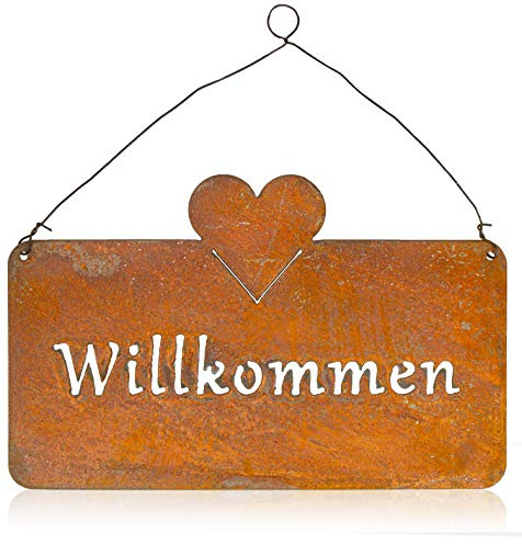Metall Tafel mit Rost Finish und Kette zum aufhängen Metall Schild für den Garten Dekoration Gartendekoration Edelrostdeko antik Nostalgie braun Summer Winter Herbst Frühlings deko (Willkommen)