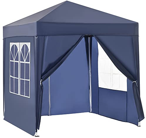 Outsunny Pavillon 2x2m Wasserdicht, Pop-up Faltpavillon mit 4 Seitenwänden, Abflusslöcher Fenster, faltbar Partyzelt UV 30+, Gartenzelt mit Tragetasche, Gartenpavillon für Terrasse, Blau