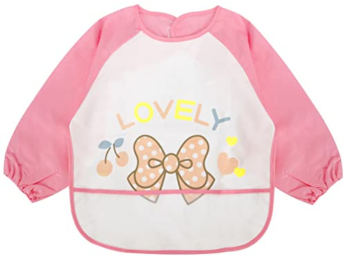 JNINTH Baby Bibs Waterproof and Wipeable-Eat and Play Smock Apron(6-36 Months) (One Size, Pink Bow)