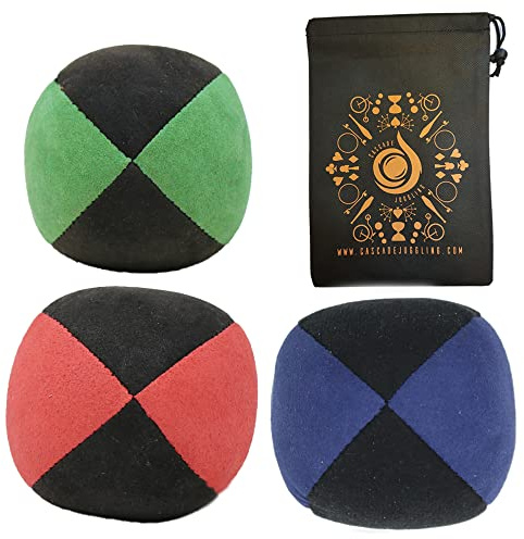3 x Pro 110g Cascade Suede Juggling Balls - Quality Thud Juggling Balls & Bag - Set of 3 Beginner Juggling Balls (Red, Blue, Green/Black)
