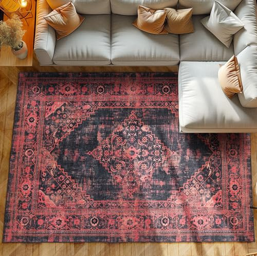 Alfombras de Pelo Corto, diseño Oriental, Alfombra Rojo, 120 x 170 cm, Alfombras de Estilo Vintage, Alfombra Sala de Estar