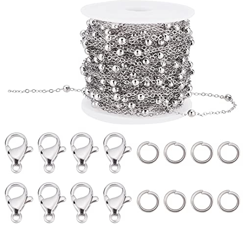 Beebeecraft 32.8 Fuß Silberne Edelstahlketten Für Die Schmuckherstellung Platinierte Kugelperlen Gliederkette Mit 20 Karabinerverschlüssen Und 50 Biegeringen