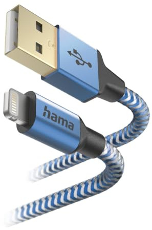 Hama Ladekabel „Reflective“ USB A auf Lightning, Nylon, 1,5m | iPhone Ladekabel blau, Lightning Kabel, iPhone 17 16 15 14 Pro Max Plus mini SE XS Max, iPad Pro Air mini, MFI zertifiziert