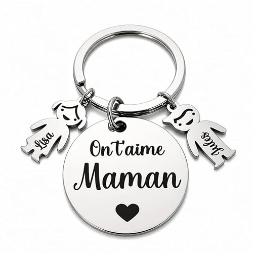 Fête des Mères : Porte clé personnalisé Gravé avec breloques Prénoms Enfants en inox miroir avec prénoms enfants - Cadeau Maman original pour la fete des meres
