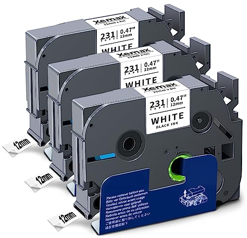 3x XemaX Schriftband Kompatibel für Brother P-touch Bänder 12mm TZe-231 TZe 0,47'' Etikettenband für Brother Beschriftungsgerät PT-1010 H105 D600 H100R H110 H101C H100LB H200 D400, Schwarz auf Weiß