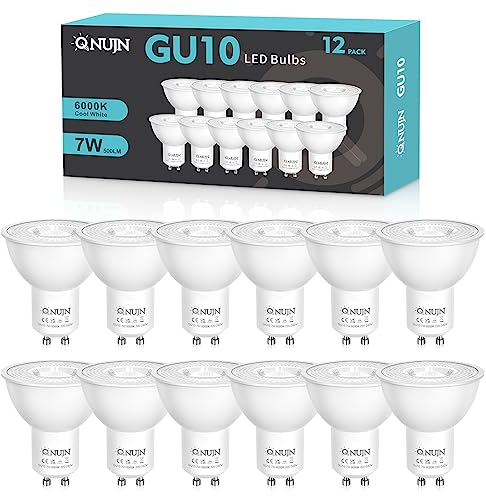 QNUJN GU10 LED Bulbs, Cool White 6000K LED Light Bulbs,7W 500lm Energy Saving GU10 Bulbs,50W Halogen Spotlight Equivalent,38° Beam Angle, Non-Dimmable, for Home Lighting Decor 12 Packs