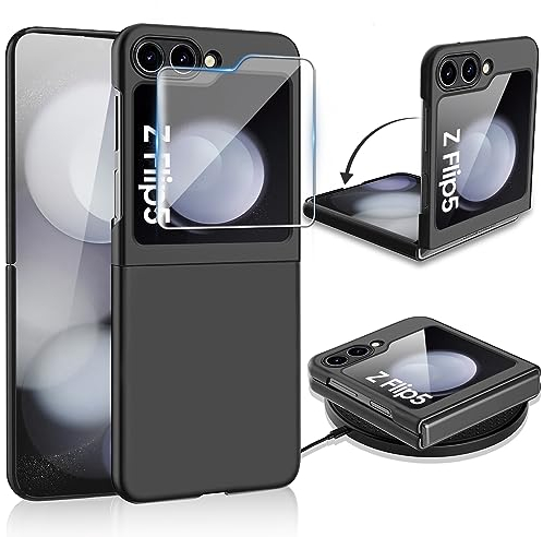 Croazhi Handyhülle für Samsung Galaxy Z Flip 5 5G Hülle mit Panzerglas Folie, Original Ultra Dünn Folable Matt PC panzerhülle Hardcase Schutzhülle für Samsung Z Flip 5 Handy Case Cover 2023 (Schwarz)