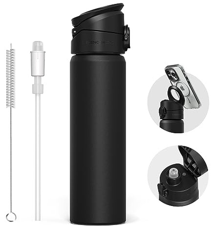 RhinoShield AquaStand Trinkflasche für MagSafe 700ml - Schwarz | Edelstahl, Sportflasche mit Strohhalm, MagSafe-kompatibler Griff mit verstellbarem Winkel, auslaufsicher