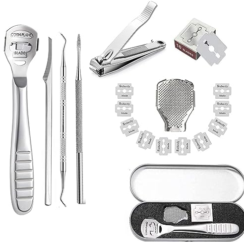 Pediküre Hornhautrasierer Set, Hornhauthobel Fußschaber, Fußfeile Hornhautentferner Füße, Edelstahl Fußraspel Harte Haut Ferse Hornhautentfernung für Hand Füße Fußpflege mit 10 Ersatzklingen