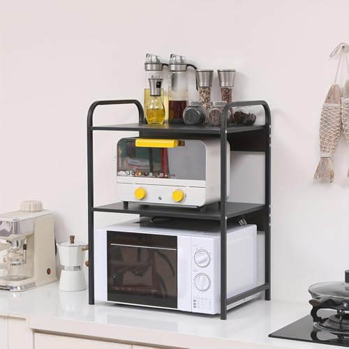 Sanery 3 Tiers Microwave Oven Rack, Free Standing Microwave Shelf for Kitchen, Home Office Desktop Printer Rack, Countertop Storage Organizer for Spices Pots and Pans, Black