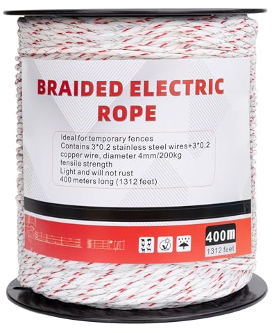 Electric Fence Wire 1312 ft 400m, 1/6 inch (4mm) Electric Fence Rpoe 6 Braided Copper and stainlee Steel Providing 4X More Conductivity Than polywire, High Strength 200kg,Temporary Fence for Horse