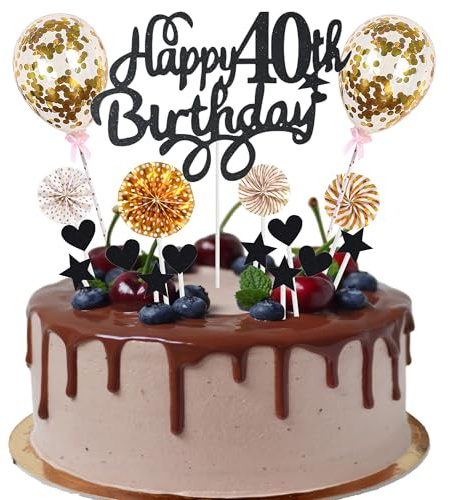 Cnrose Cake Decoration Man Women 40th Birthday Hello 40 Cake Topper Black Gold with Heart Star Balloon Cake Decoration 40th Birthday Happy 40th Birthday Cake Decoration 40 Years Man 40th Birthday