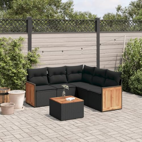 Rantry 6-TLG. Gartensofa Garten Sofagarnitur mit Kissen Balkonmöbel Gartenlounge Garten Loungesofa Sitzgruppe Ecklounge Gartenset für Balkon Garten Schwarz Poly Rattan