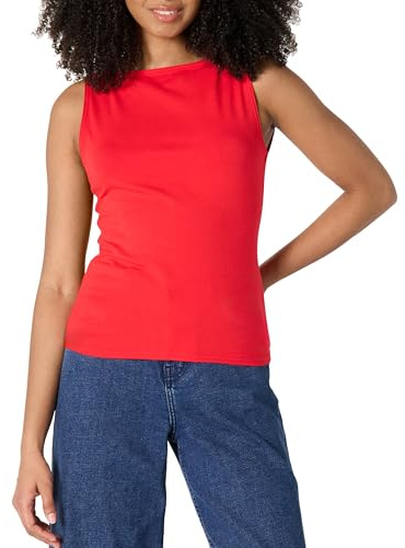 Amazon Essentials Camiseta sin Mangas Ajustada de Punto Acanalado con Cuello Barco para Mujer, Color Rojo Amapola Brillante, Talla M