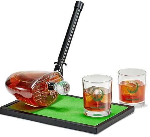 Kollea Handcrafted Golf Whiskey Decanter Set, Unique Golf Club Liquor Dispenser with 2 Golf Ball Glasses & Course Base, Anniversary & Birthday Gifts for Men, Dad, Boyfriend