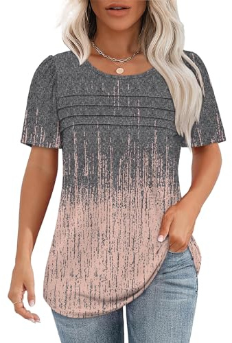 Chicrise T Shirt Damen Sommer Puffärmeln Rundhals Plissee Tunika Elegant Kurzarm Loose Plain Casual Oberteile Orange Grau Graffiti 2X Groß 50-54