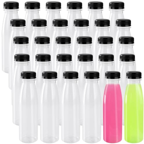 MOUYAT 30 botellas de jugo de plástico transparente 300 ml, botellas vacías reutilizables con tapas negras para leche, batidos, bebidas caseras