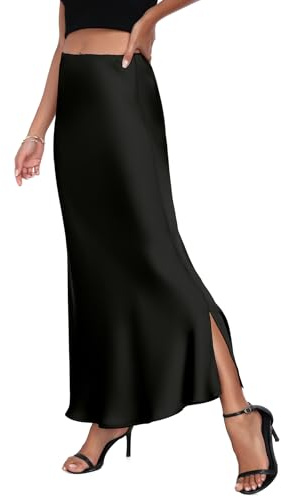PEIQI 2026 Women's Satin High Waisted Maxi Skirts Summer Fall Silk Cocktail Party Flared Casual A Line Skirt Black 2X-Large