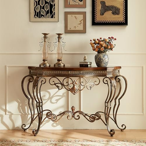 Consolle in Legno massello Tradizionale, Tavolo da Divano a Mezzaluna, consolle Traforata con Gambe in Metallo, Mobile Decorativo Vintage per Ingresso, Soggiorno, corridoio