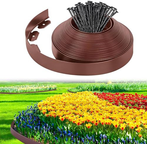 Lawn Edging Border, 10m Flexible Garden Edging Border with 30 Pegs, 5cm High Plastic Landscape Lawn Edging Strip for Flower Beds Edging, Grass Edging, Lawns and Paths