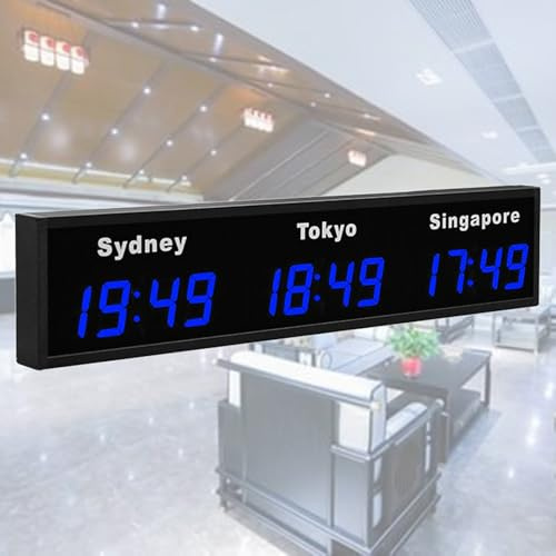 Nicvrea Reloj Mundial, Reloj de Pared Digital LED con Hora Mundial, 3/4/5 Zonas Horarias, para Interiores, Oficina, Hogar y Escuela,Blue-3City