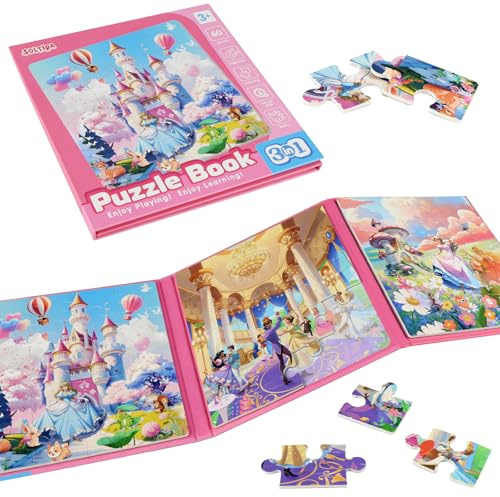 SOLTIRA Magnetpuzzle ab 3 Jahre Mädchen,Prinzessin Kinderpuzzle,3x20 Teile | 3-in-1,BeschäFtigung für Kinder Alter 3-5 im Autofahrt,Flugzeug AktivitäTen,Schloss/Ball/Elfe,Geburtstagsgeschenk für Mädchen