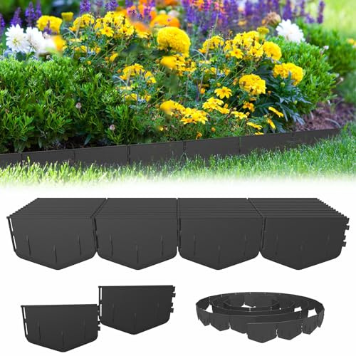 Aufun Flexibel gräskant, svart, rabattkant med plug-in-system, PP-plast, väderbeständig, extra högt insdjup 14 cm, osynligt rabattkant för trädgård, säng, gräsmatta (20 m – 100 stycken)