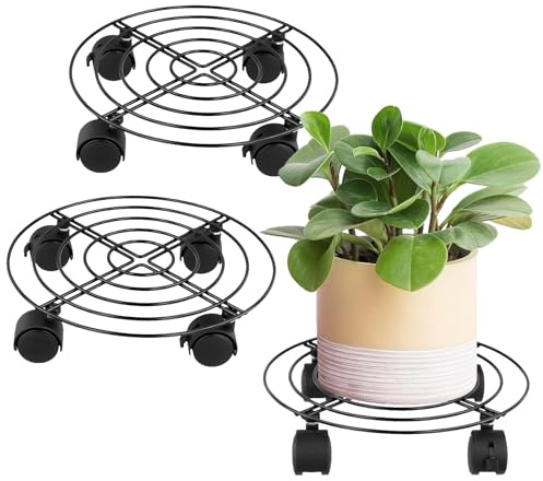 PUCSIQ Carro de jardín de Metal con Ruedas bloqueables, 3 Piezas, Carrito de Flores Redondo de 27 cm de diámetro para Uso en Interiores y Exteriores, Resistente a la Intemperie (Negro)