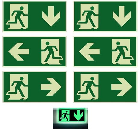 6 Piezas Salida de Emergencia, Película Reflectante Hecha de Polietileno, 300 x 150mm Diseño Autoadhesivo, Izquierda, Derecha y Abajo Utilizado para Túneles, Hoteles, Escuelas