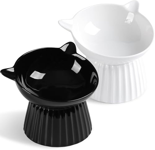 Elevated Cat Bowls, Raised Tilted Ceramic Food & Water Dishes for Cats & Kittens, Anti-Vomiting & Whisker Friendly (White+Black)