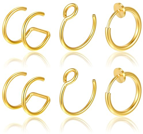 Yolev 6 Stück Gold Fake Piercing Fake Septum Nose Ring Nostril Piercing Set Dünn Chirurgenstahl Lippenpiercing Ohr Schmuck 16G/20G 6-8MM