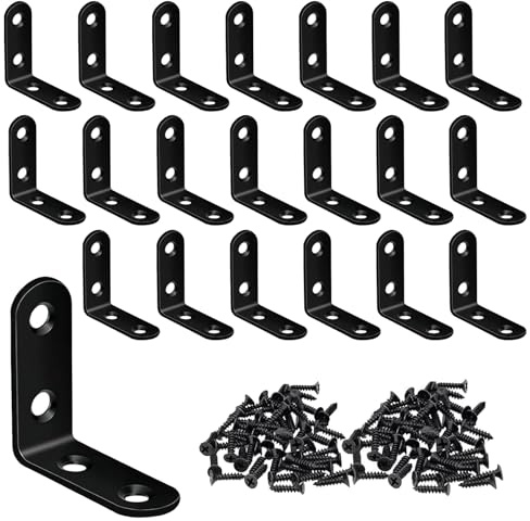 Ldzzuo 20 Pcs Angle Brackets, 90 Degree L Brackets for Wood, Corner Brace with 80 Screws, Stainless Steel Shelf Bracket for Fixing and Repairing Furniture (Black, 50x50x16mm, 4 Holes)