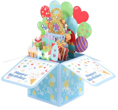 Penitue Tarjeta de Cumpleaños Emergente 3D, Tarjeta de Felicitación Feliz Cumpleaños Divertida Regalo Emergente Niños Caja Regalo con Globos para Fiestas para Hija, Hijo, Sobrina y Sobrino (8 Año)