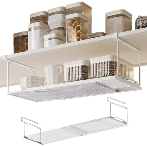 Traurige Einhängekorb Schrank,Unterregal Hängekorb aus Metall,hängendes Unterschrankregal, mit Verstellbarer 38-70cm Organizer in Küchenschränken Vorratskammer und Kleiderschränken (Weiß)