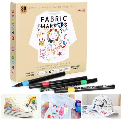 30 Textilstifte Waschmaschinenfest Stoffstifte Waschmaschinenfest Ungiftige Permanente Textilmarker auf Wasserbasis Stoffmalstifte Waschfest Geeignet zum Bemalen von T-Shirts Schuhen Stofftaschen