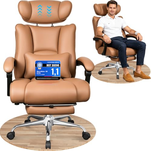 BASETBL Bürostuhl Chefsessel 200 kg aus PU-Leder mit Leisen Gummirollen | XXL-Sitz mit hoher Rückenlehne, weichen Armlehnen und Kopfstütze für langanhaltenden Sitzkomfort, Braun