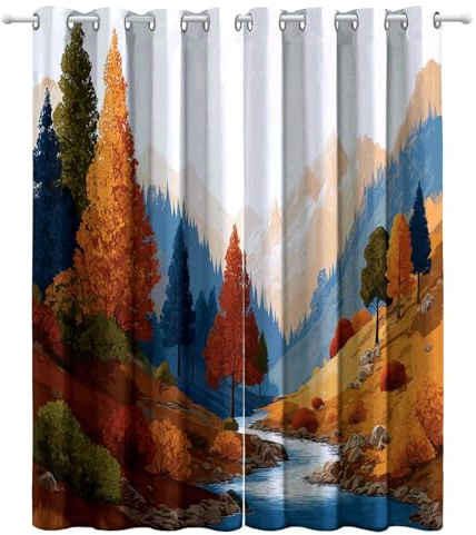 Vorhang Set Blickdicht mit Ösen 2er-Pack, Modern Herbst Berge Und Flüsse Täler Kinder Gardinen Thermo Polyester für Schlafzimmer Kinderzimmer, Vorhänge Fensterdekoration Mehrfarbig 75 x 166 cm