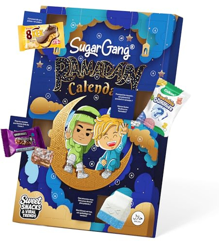 SUGARGANG® Ramadan Kalender [100% HALAL] - Ramadan Calendar mit 30 Premium Süßigkeiten aus aller Welt - Mit spannenden Wissensfragen & Ausmalbild für Kinder - Süße, Saure & Würzige Überraschungen (1)