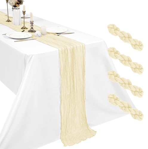 4 Stück Käsetuch Tischläufer Hellbeige 45 x 275 cm, Boho Gaze Tischdeko für Hochzeit, Brautparty, Baby Shower und Geburtstag