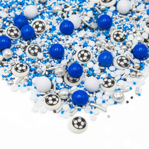Happy Sprinkles Blue Football Champion Party Mix 90g - Green Blue Cake Decorations with Footballs – Kids Cake Toppers & Cupcake Sprinkles - Birthday Football Cake - HS0785