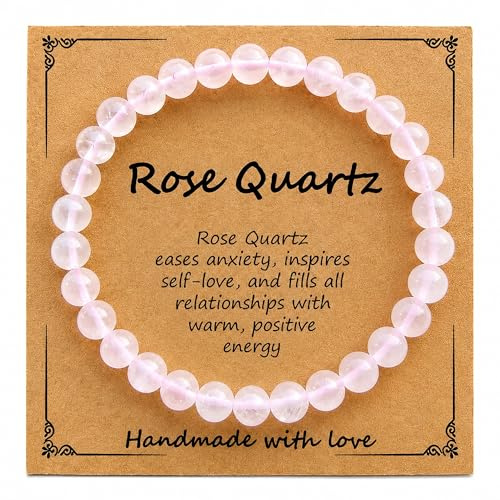 SEVENGLOW 6mm Rose Quartz Healing Crystal Bracelet for Women & Men, Natural Gemstone Beaded Stretch Bracelet, Handmade Jewellery Gift for Birthday, Christmas & Valentine's Day