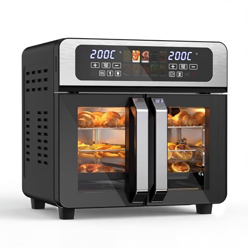 MoraRise 26L Large Dual Zone Air Fryer Oven with Rotisserie, 10-in-1 Countertop Convection Oven with French Doors, Independent Temp Control & Sync Finish, 13 Accessories, Oil Free Airfryer for Family