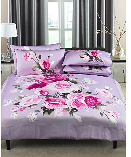 Paoletti Riva Windsor Super King Duvet Cover Set - Brezo Púrpura - Rose Impresión De La Flor De Diseño - 300 Hilos - 100% Algodón - Lavable A Máquina - 260 X 220Cm (102 X 87 Pulgadas)