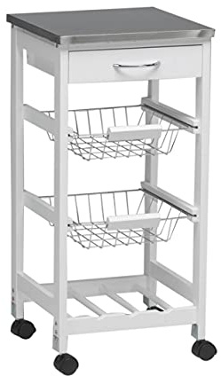 Closet, Carrellino da cucina con ruote e 2 cetselli in acciaio Inox, 76 x 37 x 37 cm, Bianco (weiß)