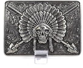 ARIAT Silver Rectangle Buckle with Indian Chief Skull, Headdress, and Crossing Arrows Motif, Western Scroll Engraving, 3-1/2 x 2-1/2
